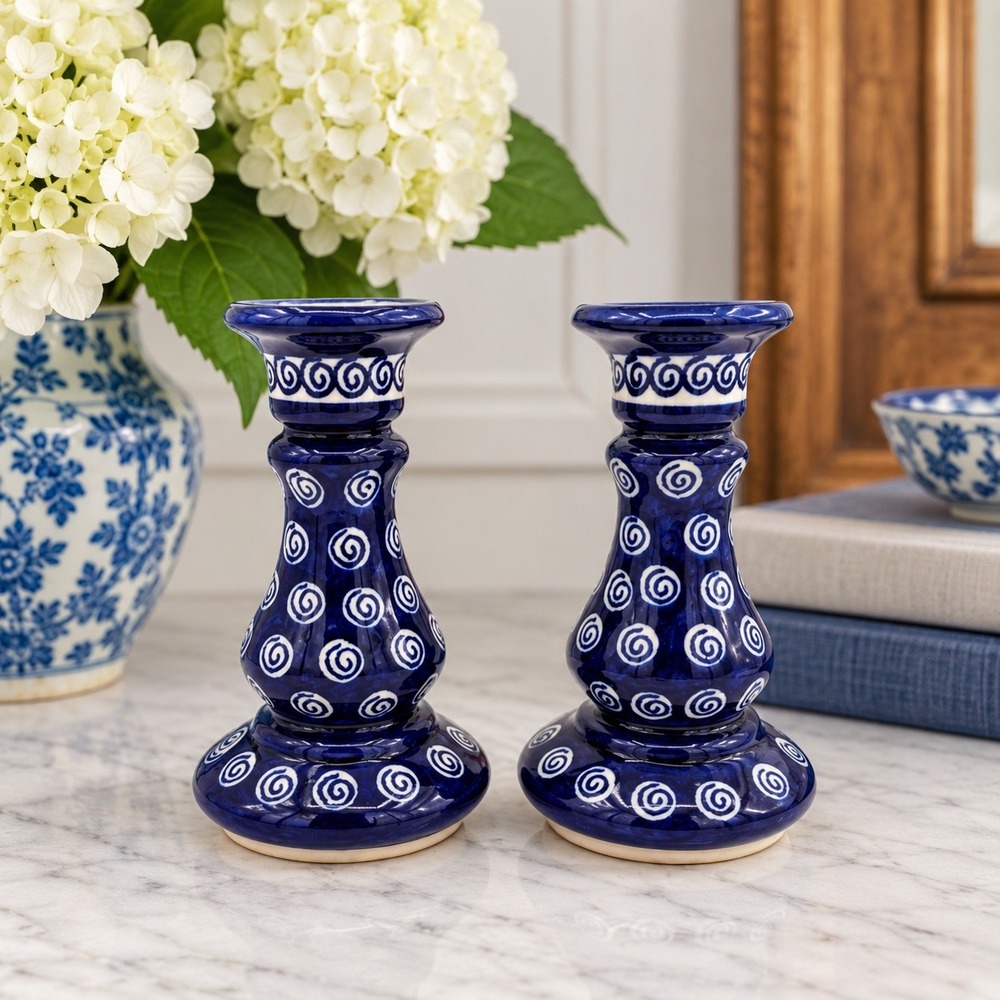 Vintage Boleslawiec Polish Pottery Candlesticks Blue Swirl – Pair